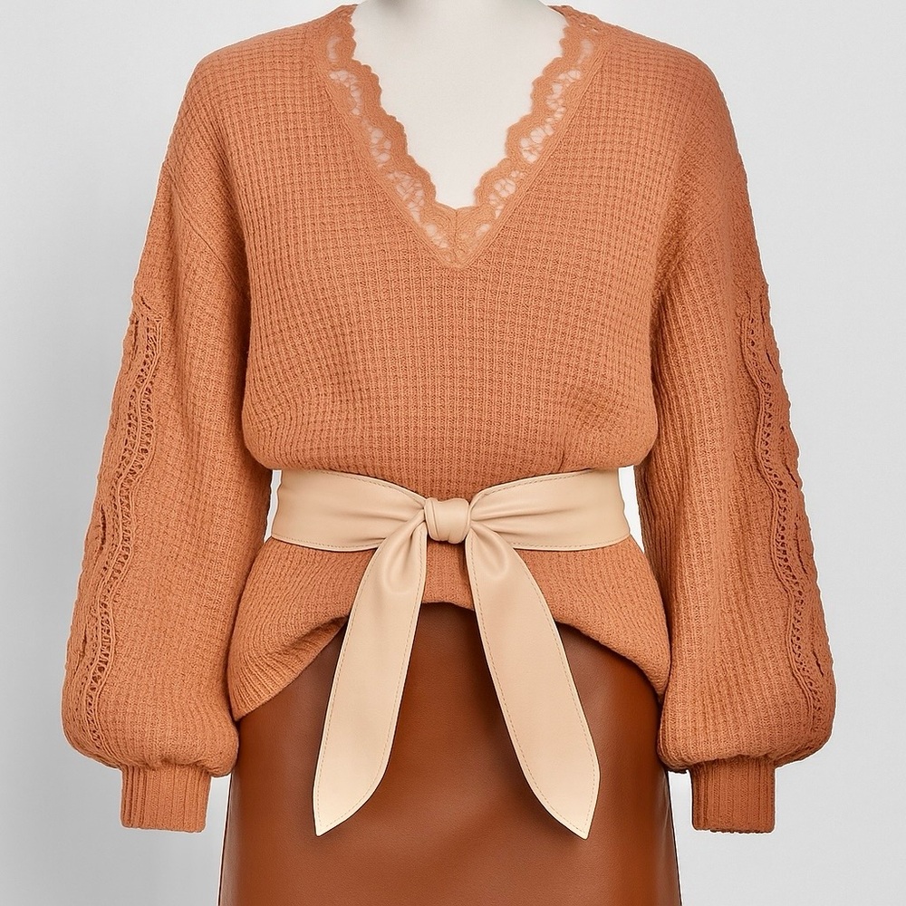 Dusty Rose Waffle Knit Lace-Trim Sweater – Size 1X